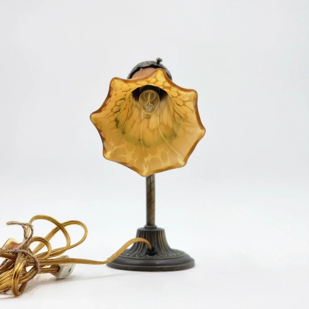 Vintage Art Nouveau Table Lamp Amber Slag Glass Shade Gooseneck Accent Light